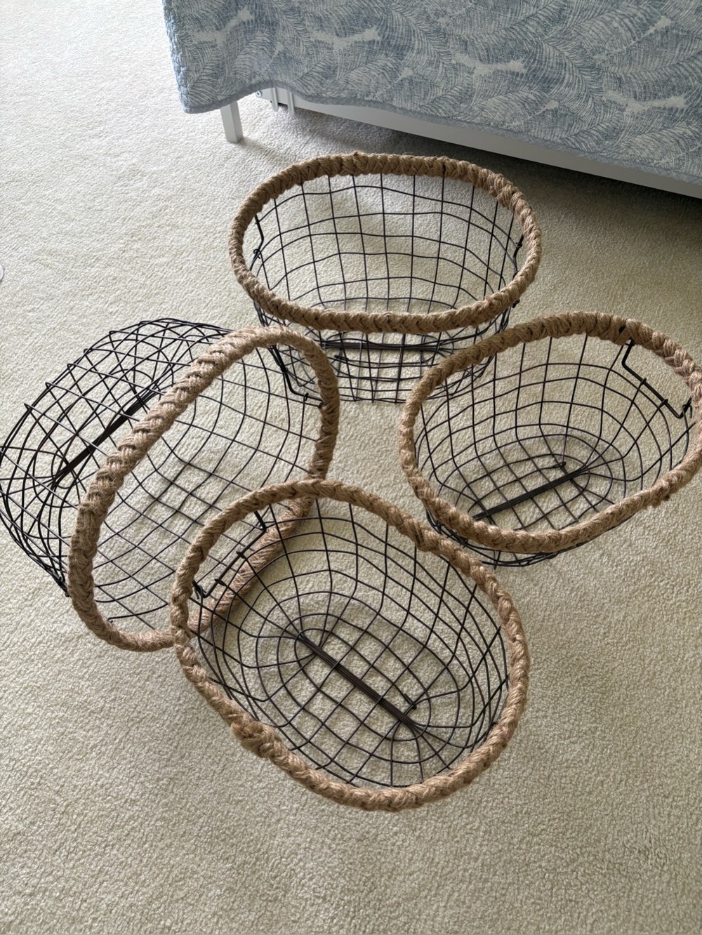 Set of 4 Brown Wire Baskets with Natural Rope Trim